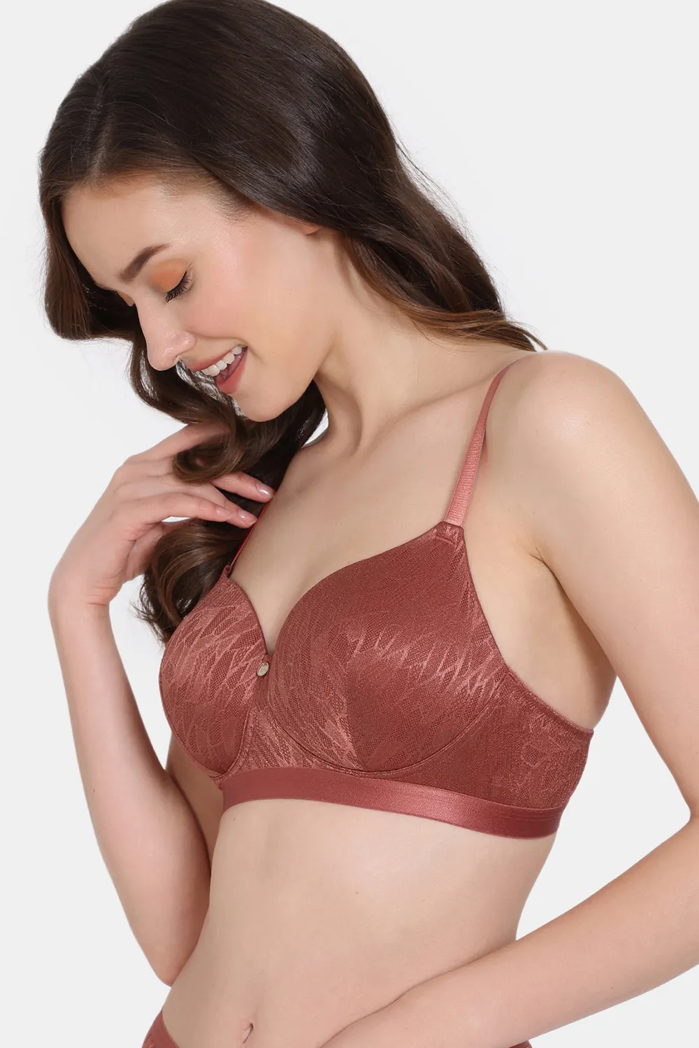 Zivame Coral Glaze Padded Non-Wired 3/4th Coverage Lace Bra With